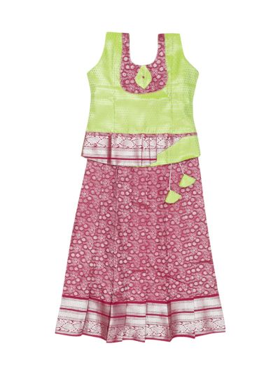 Charming Girls Lime Green Readymade Art Silk Pattu Pavadai Set