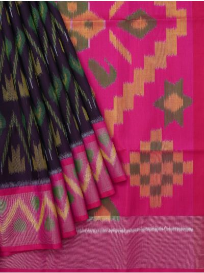 Gracecharm Pure Soft Silk Ikat Geometric Motif Contrast Border Saree