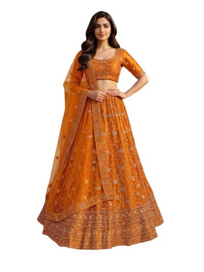 Graceful Essence Net Floral Vine Embroidered Semi-Stitched Lehenga Choli