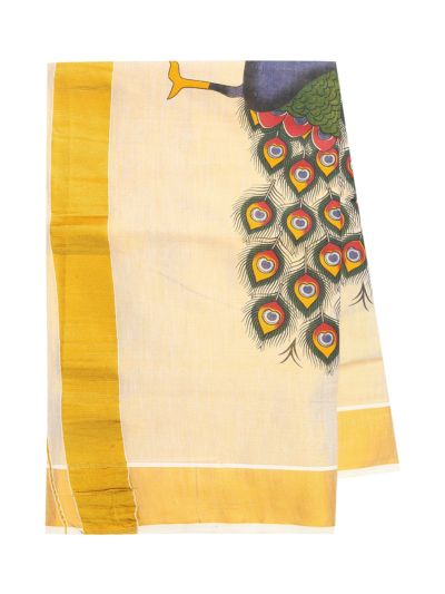 Kerala Cotton Peacock Butta Grand Peacock Pallu Golden Kasavu Border Saree
