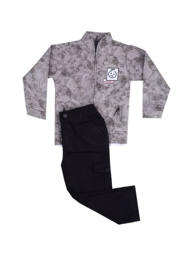 Gracecharm Boys Abstract Zip Jacket with Bear T-Shirt and Cargo Pant Set