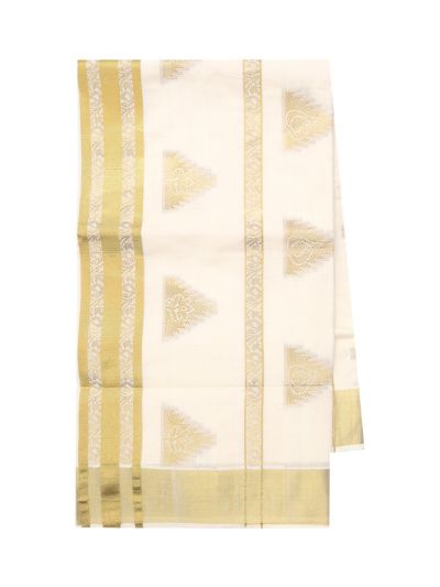 Kerala Cotton Geometric Butta Triangular Paisley Kasavu Border Saree  