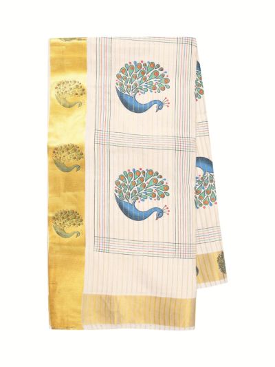 Kerala Cotton Checked Peacock Motif with Peacock Zari Border Saree
