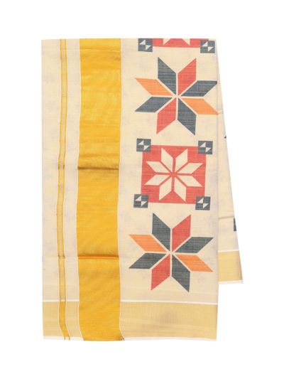 Kerala Cotton Geometric Floral Leaf Motif with Star Floral Pallu Saree