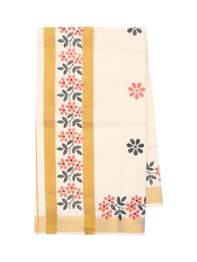 Kerala Cotton Floral Butta with Floral Vine Pallu Saree