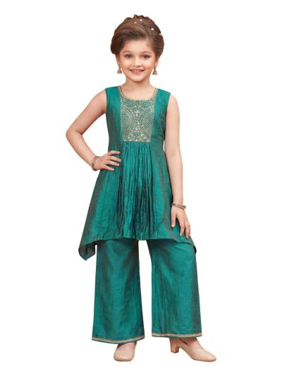 Gracecharm Girls Embroidered Yoke Pleated High-Low Top and Palazzo Pant Set