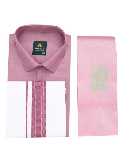 Couple Combo Pink Shirt and Dhoti Set with Floral Butta Saree