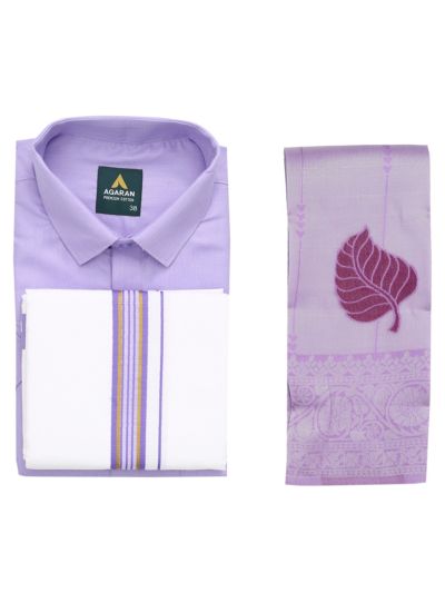 Couple Combo Lavender Shirt and Dhoti Set with Leaf Butta Saree
