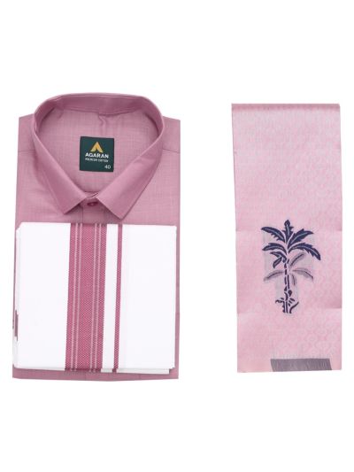 Couple Combo Dusty Rose Pink Shirt and Dhoti Set with Saree