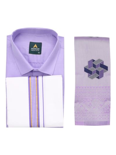 Couple Combo Light Lavender Shirt and Dhoti Set with Geometric Butta Saree