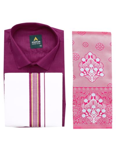 Couple Combo Deep Magenta Shirt and Dhoti Set with Saree