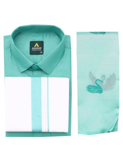 Couple Combo Aqua Mint Shirt and Dhoti Set with Saree