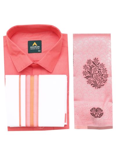 Couple Combo Coral Pink Shirt and Dhoti Set with Saree