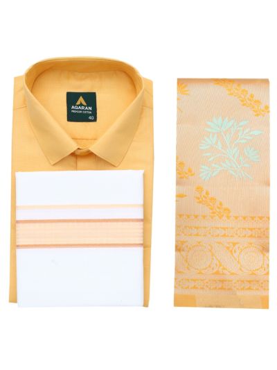 Couple Combo Golden Yellow Shirt and Dhoti Set with Saree