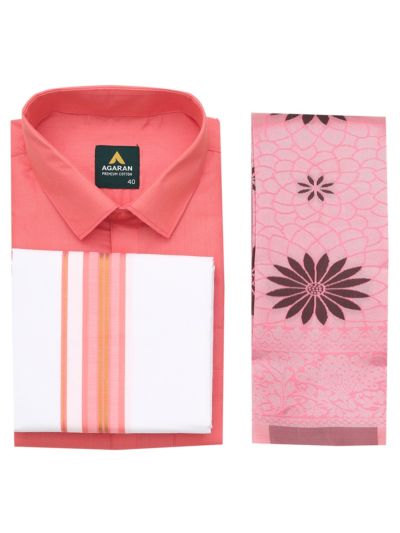 Couple Combo Coral Pink Shirt and Dhoti Set with Saree