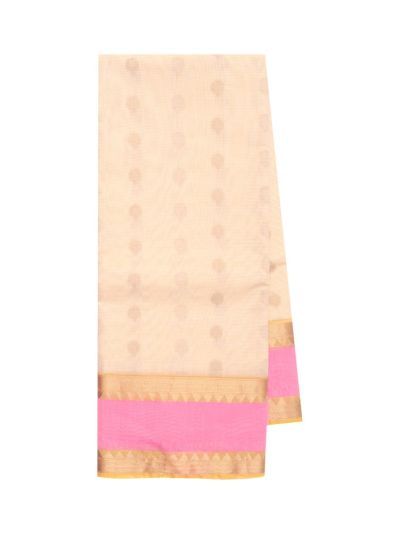 kora Silk cotton Ivory Floral Butta Chevron Zari Pallu Saree