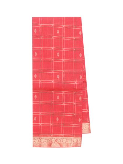 kora Silk Cotton Coral Checks Leaf Butta with Zari Jaal Pallu Saree   
