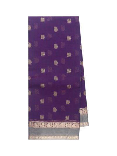 kora Silk Cotton Aubergine Paisley Butta with Striped Zari Pallu Saree   