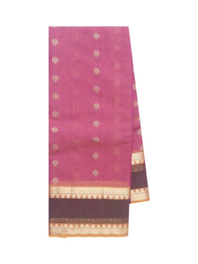 kora Silk Cotton Rani Pink Floral Butta Chevron Pallu Saree