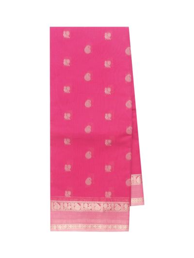 kora Silk Cotton Rani Pink Paisley Floral Butta Striped Pallu Saree  