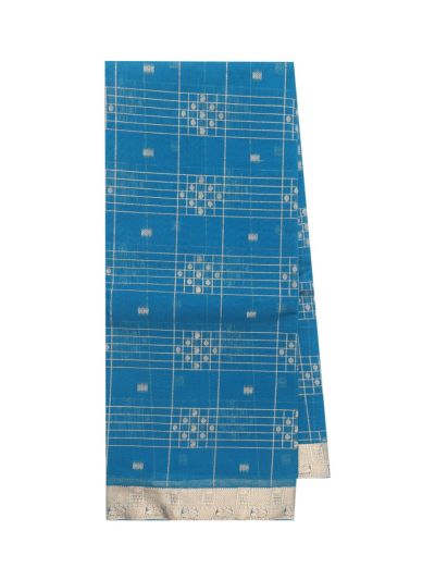 kora Silk Cotton Cerulean Blue Geometric Checks Diamond Pallu Saree