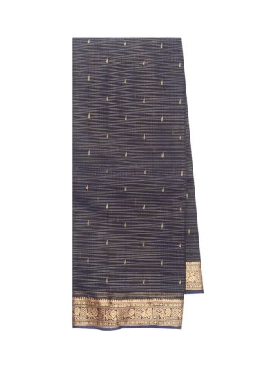 kora Silk Cotton Navy Pinstripe Butta Paisley Band Pallu Saree  
