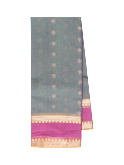 kora Silk Cotton Slate Teal Floral Butta with Chevron Stripe Pallu Saree