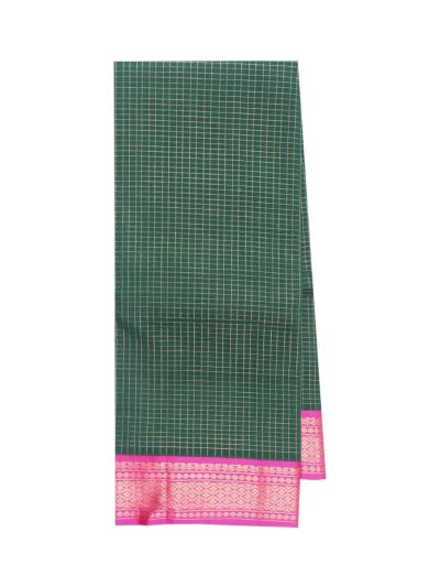 Silk Cotton Bottle Green Checks Basket Weave Pallu Saree
