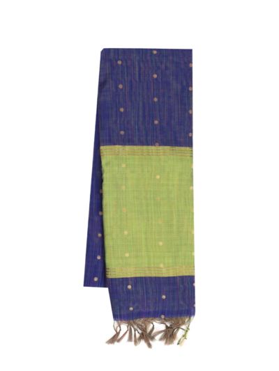 Gracecharm Chettinad Cotton Gold Butta with Contrast Green Pallu Saree