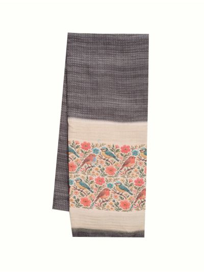 Gracecharm Semi Linen Micro Dotted Stripe with Bird Floral Pallu Saree