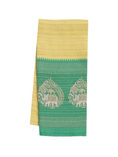 Gracecharm Semi Linen Stripe with Floral Leaf Elephant Medallion Saree
