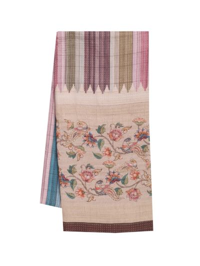 Gracecharm Semi Linen Multicolor Stripe with Bird Floral Vine Pallu Saree