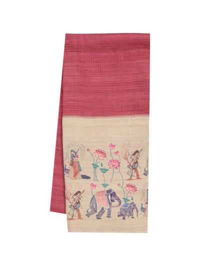 Gracecharm Semi Linen Stripe with Elephant Lotus Pictorial Pallu Saree
