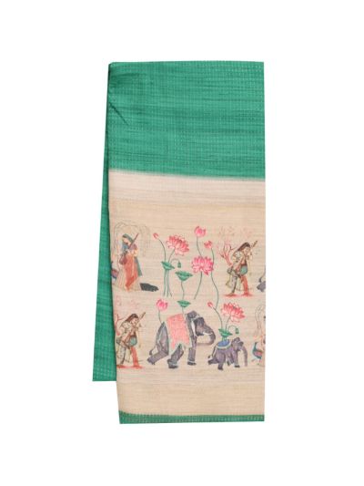 Gracecharm Semi Linen Stripe with Elephant Lotus Pictorial Pallu Saree