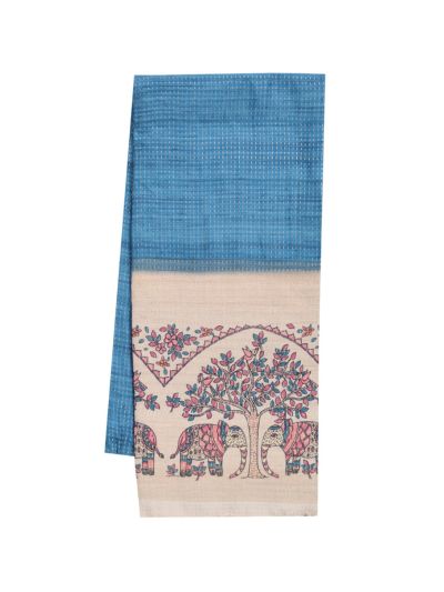 Gracecharm Semi Linen Stripe with Elephant Tree Pictorial Pallu Saree