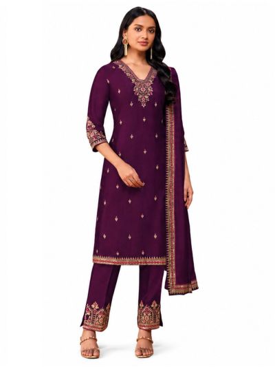 Graceful Muse Readymade Aubergine Floral V-Neck Embroidered Salwar Kameez