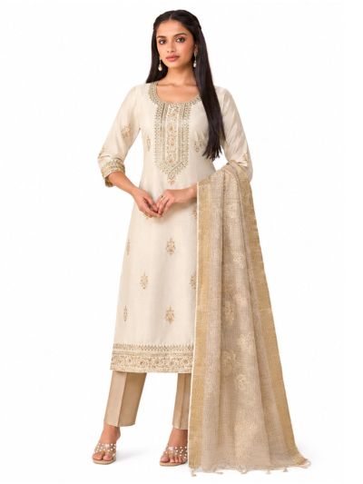 Graceful Muse Readymade Ivory Floral Butta Ornate Yoke Embroidered Salwar Kameez