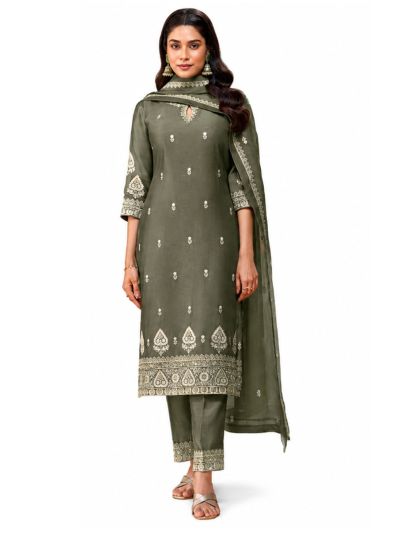 Graceful Muse Readymade Olive Ornamental Butta Embroidered Salwar Kameez