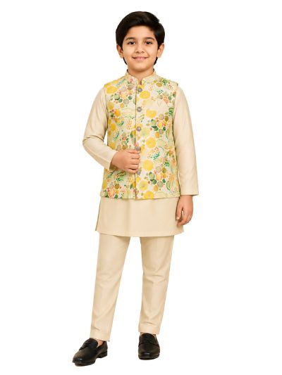 EliteCharm Boys Premium Ivory Abstract Floral Nehru Readymade Sherwani Set