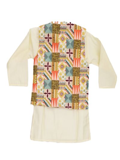 EliteCharm Boys Premium Ivory Geometric Print Nehru Readymade Sherwani Set