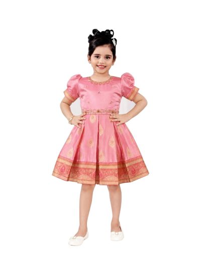 Traditional Art Silk Blush Pink Paisley Floral Zari Border Frock
