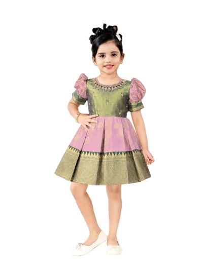 Traditional Art Silk Dusty Rose Floral Butta Temple Zari Frock