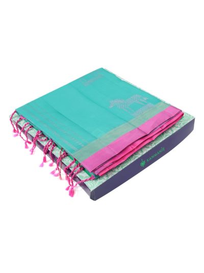Kanmanie Soft Silk Horse Butta with Geometric Stripe 2 Inch Zari and Satin Border Saree