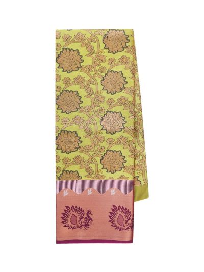 Gracecharm Art Silk Floral Vine Jaal Peacock Border Pattu Pavadai Material