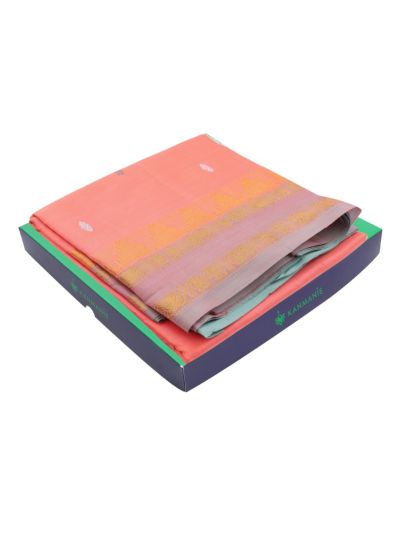 Kanmanie Vazhainaar Pattu Two-Tone Geometric Butta with Contrast Striped Pallu Saree