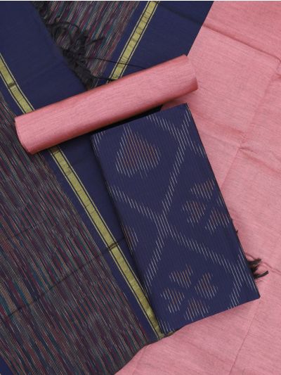 Graceful Essence Silk Cotton Navy Blue Geometric Diamond Ikat Dress Material