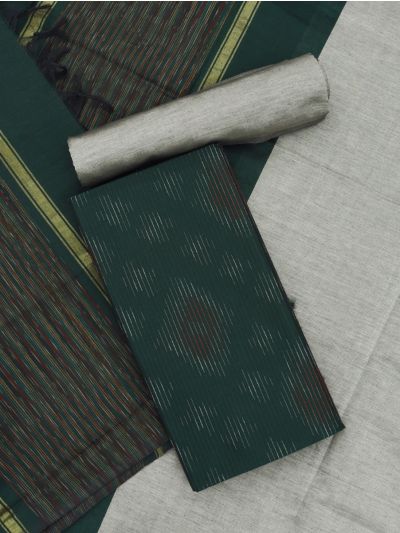 Graceful Essence Silk Cotton Deep Bottle Green Geometric Diamond Ikat Dress Material