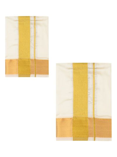 Men’s Traditional Art Silk Broad Golden Off White  Kasavu Border Dhoti 
