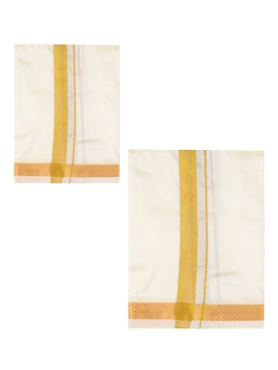 Men’s Traditional Off White Art Silk  Broad Golden Kasavu Border Dhoti