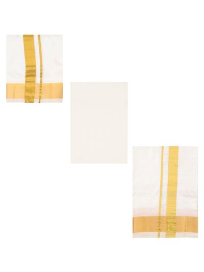 Men's Traditional Off White Pure Silk  Dhoti, Shirt and Angavastram Set 